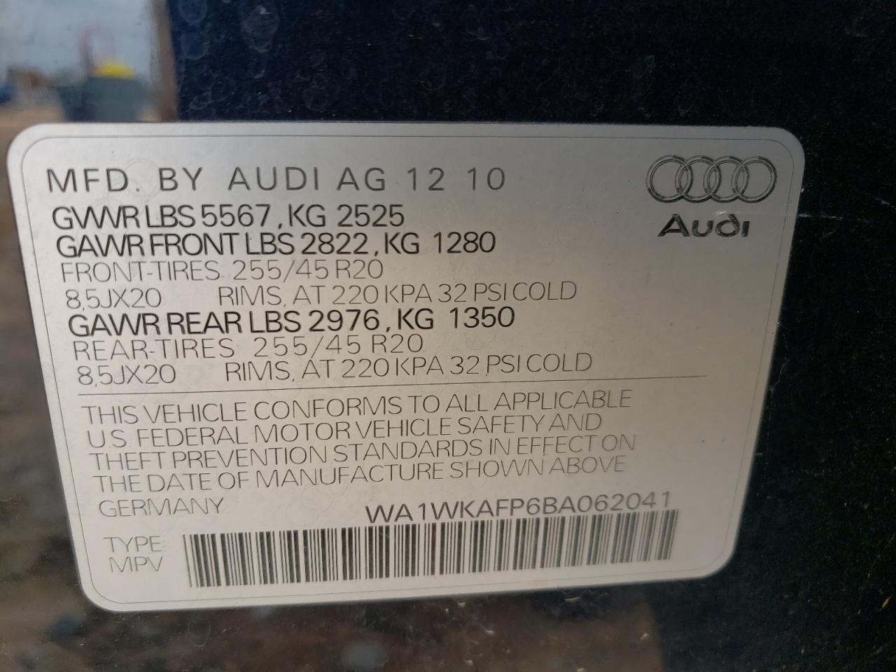 2011 Audi Q5 Prestige VIN: WA1WKAFP6BA062041 Lot: 78361884