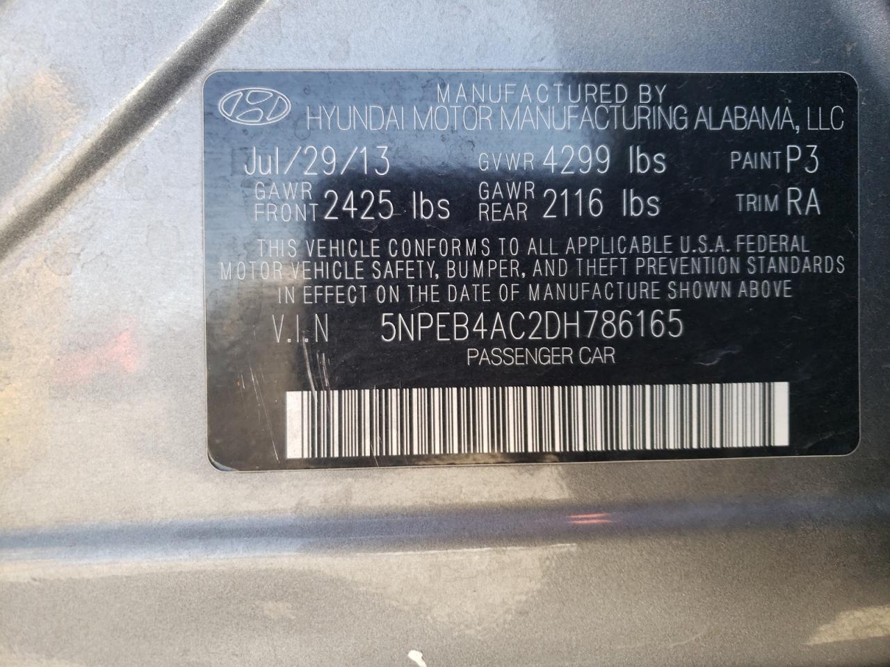 2013 Hyundai Sonata Gls VIN: 5NPEB4AC2DH786165 Lot: 73774884