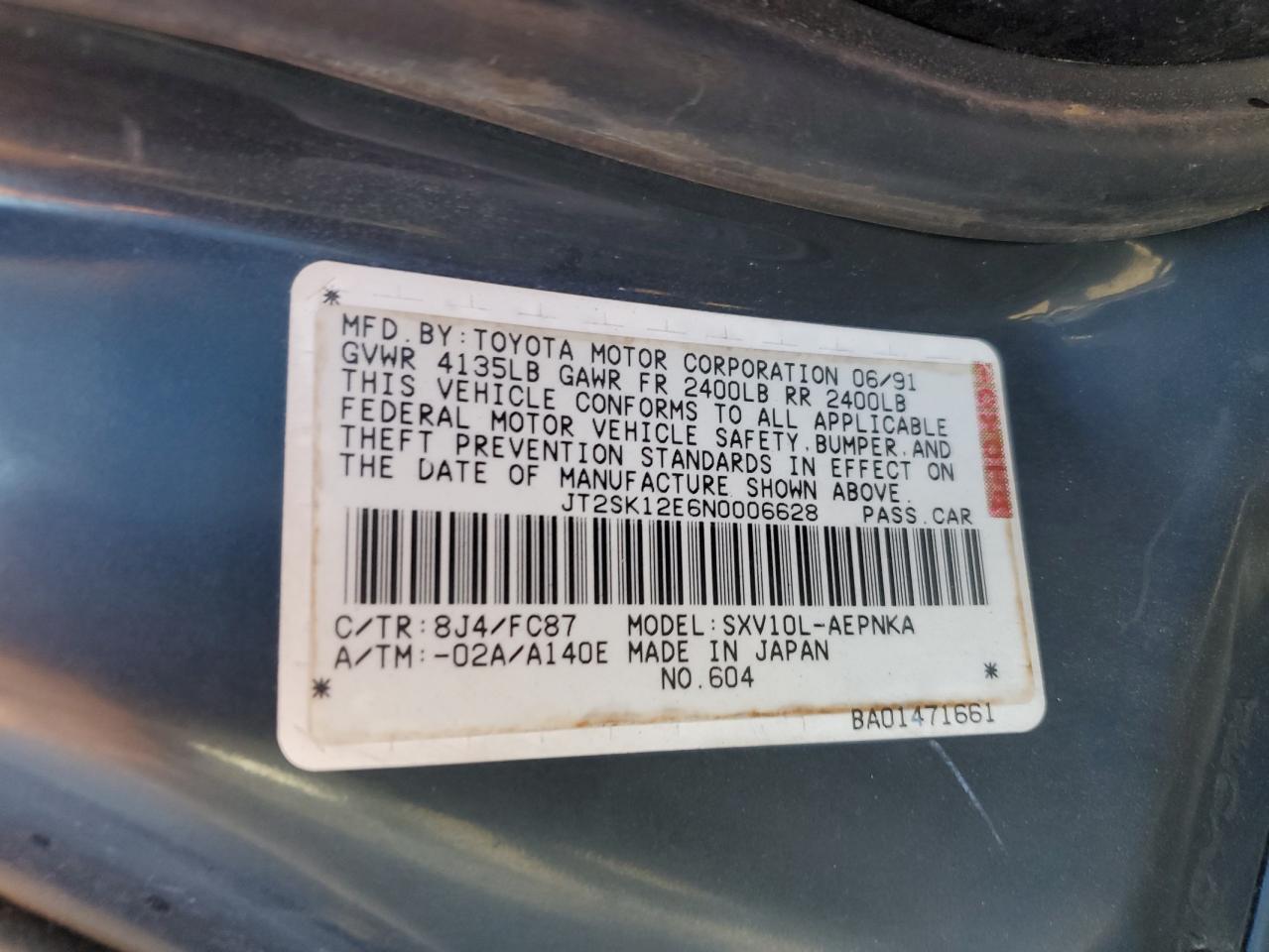 1992 Toyota Camry Le VIN: JT2SK12E6N0006628 Lot: 43110275