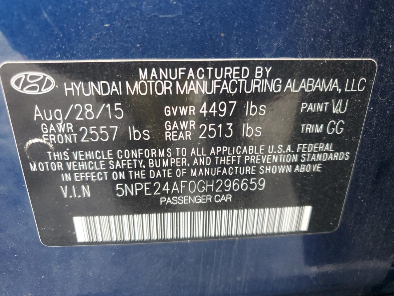 5NPE24AF0GH296659 2016 Hyundai Sonata Se