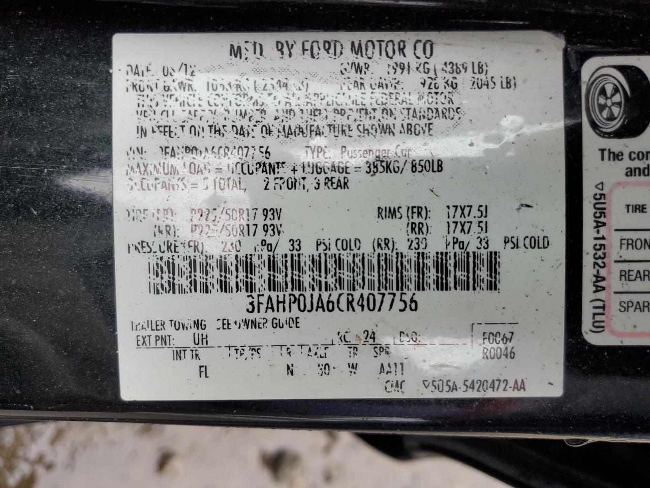 2012 Ford Fusion Sel VIN: 3FAHP0JA6CR407756 Lot: 78283434