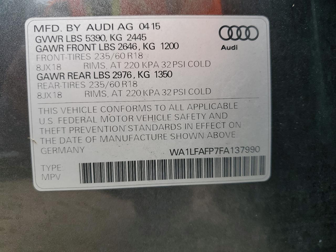 WA1LFAFP7FA137990 2015 Audi Q5 Premium Plus