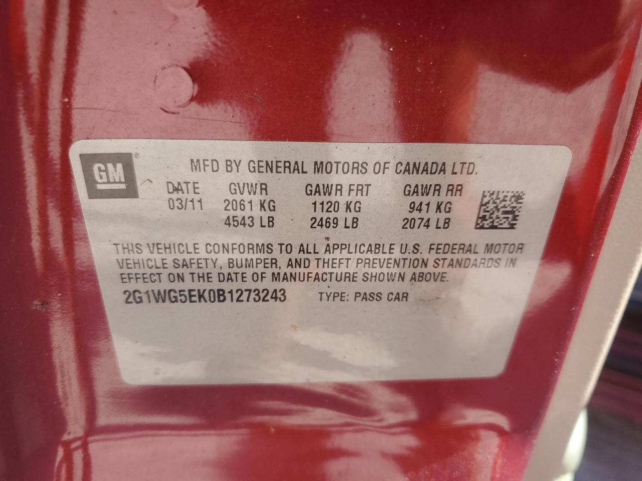 2011 Chevrolet Impala Lt VIN: 2G1WG5EK0B1273243 Lot: 75679654