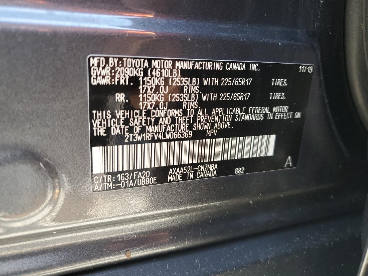 2T3W1RFV4LW066369 2020 Toyota Rav4 Xle