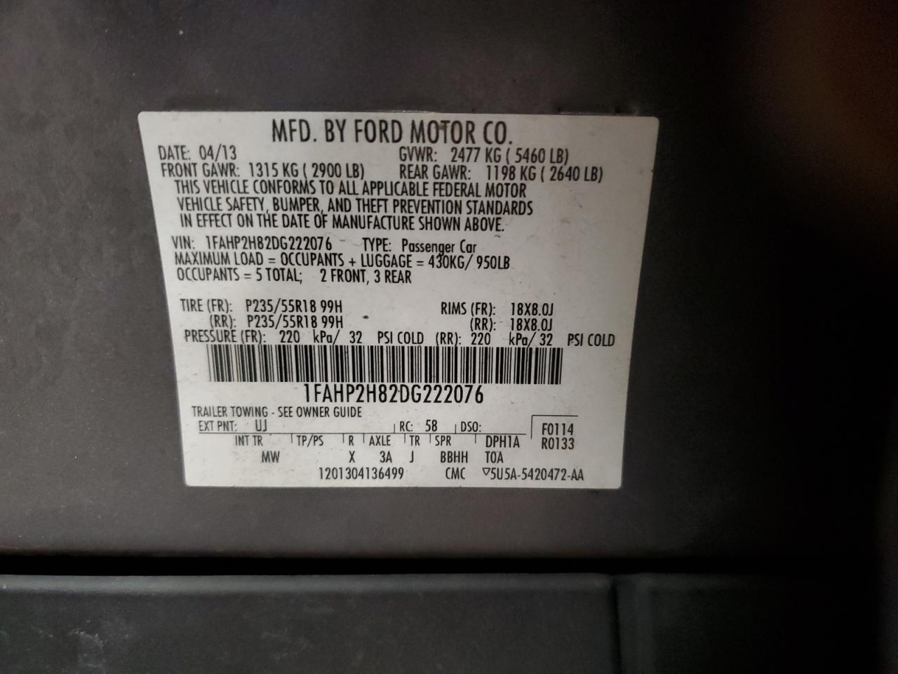 1FAHP2H82DG222076 2013 Ford Taurus Sel