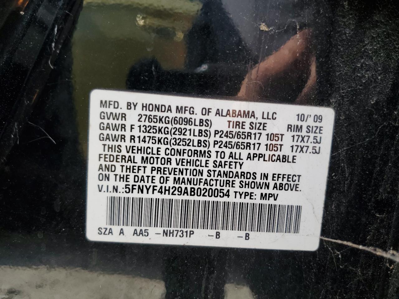 5FNYF4H29AB020054 2010 Honda Pilot Lx