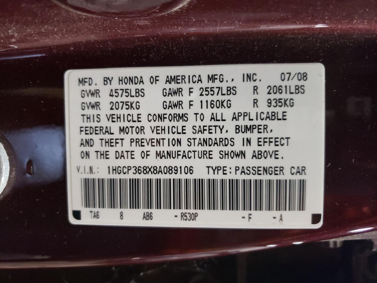 1HGCP368X8A089106 2008 Honda Accord Exl