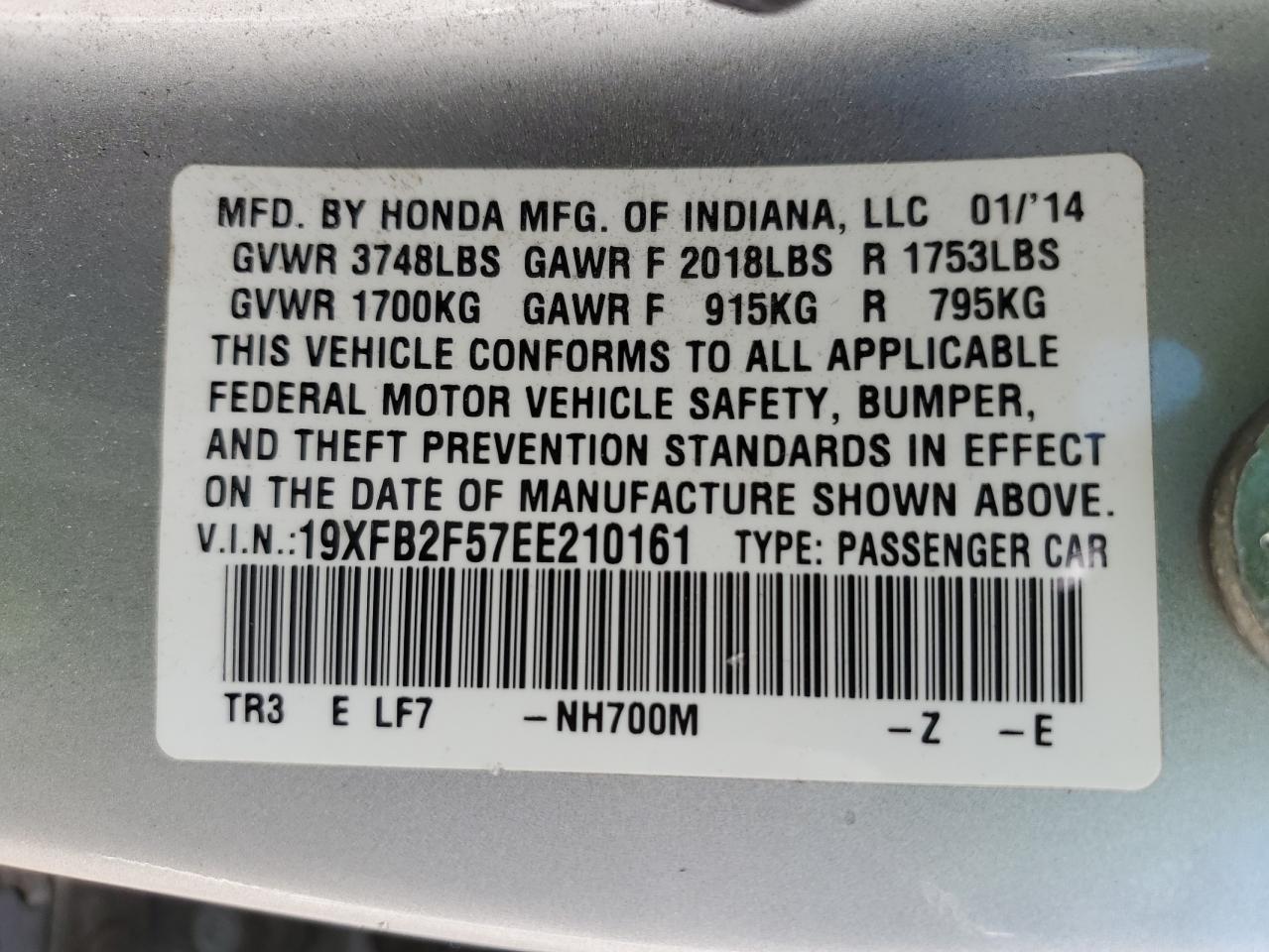 2014 Honda Civic Lx VIN: 19XFB2F57EE210161 Lot: 78504774