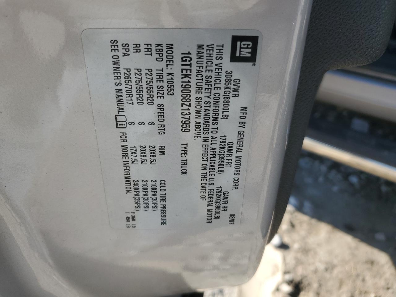 2008 GMC Sierra K1500 VIN: 1GTEK19068Z137959 Lot: 80396615