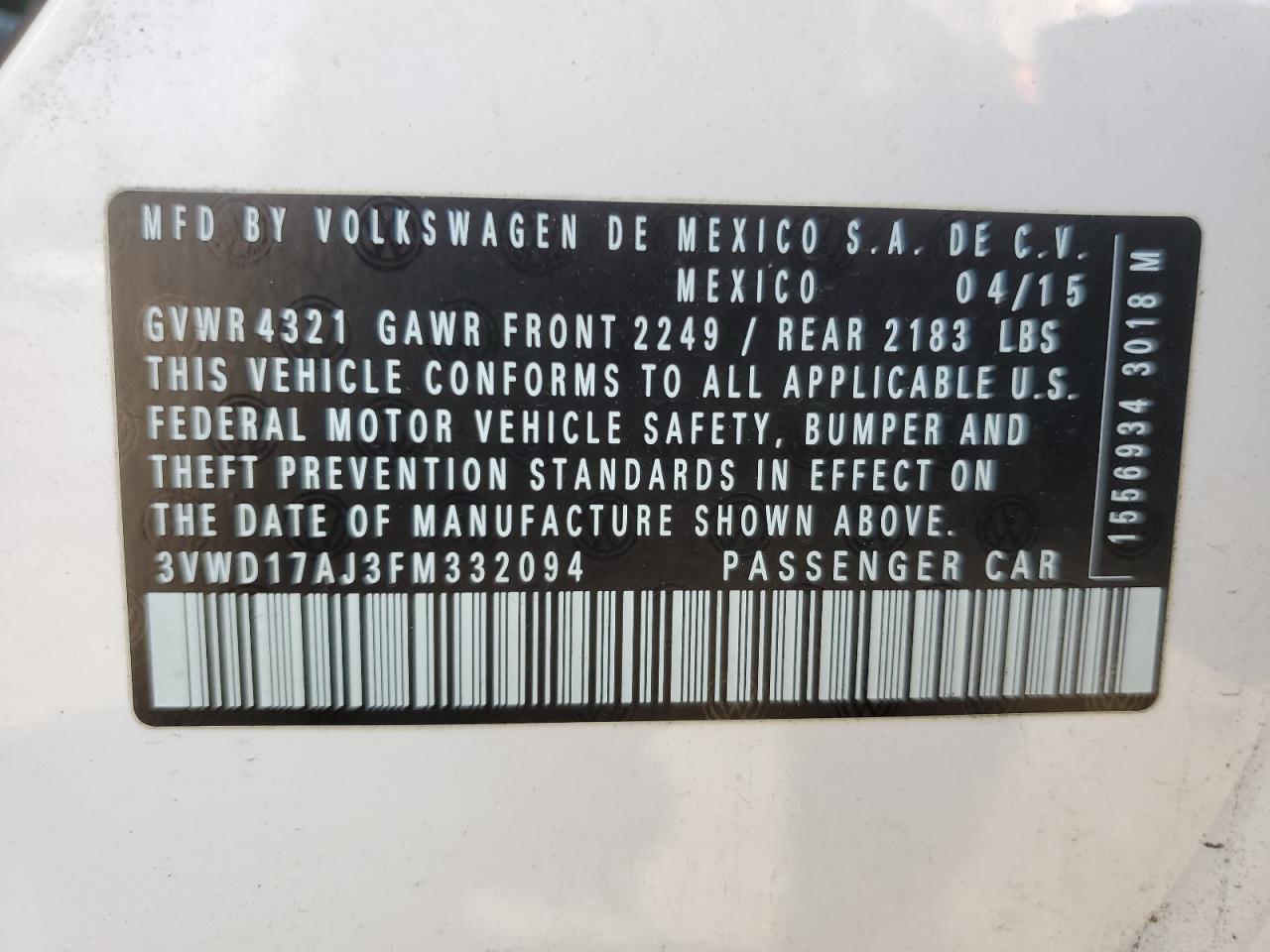 3VWD17AJ3FM332094 2015 Volkswagen Jetta Se