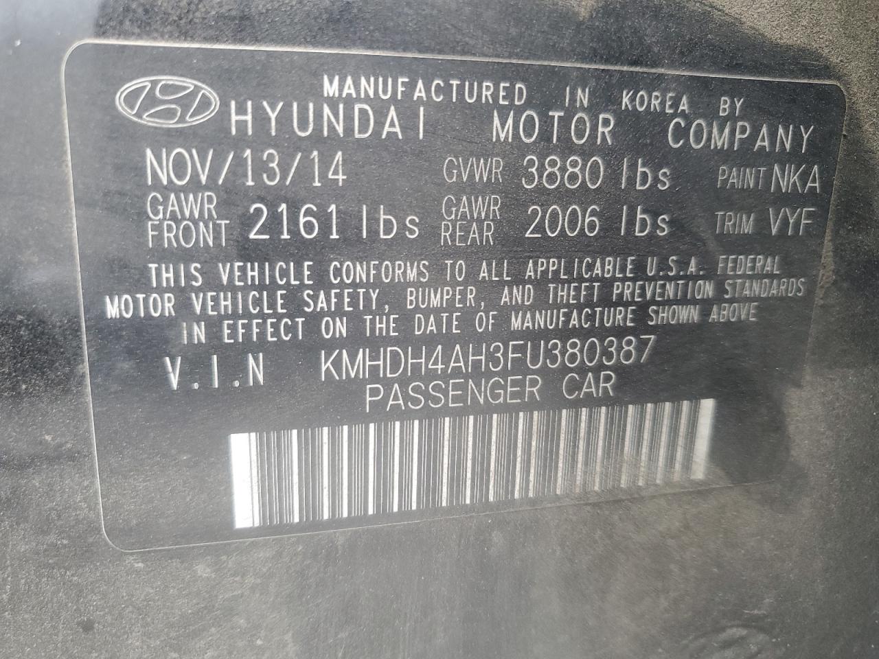 2015 Hyundai Elantra Se VIN: KMHDH4AH3FU380387 Lot: 77846844