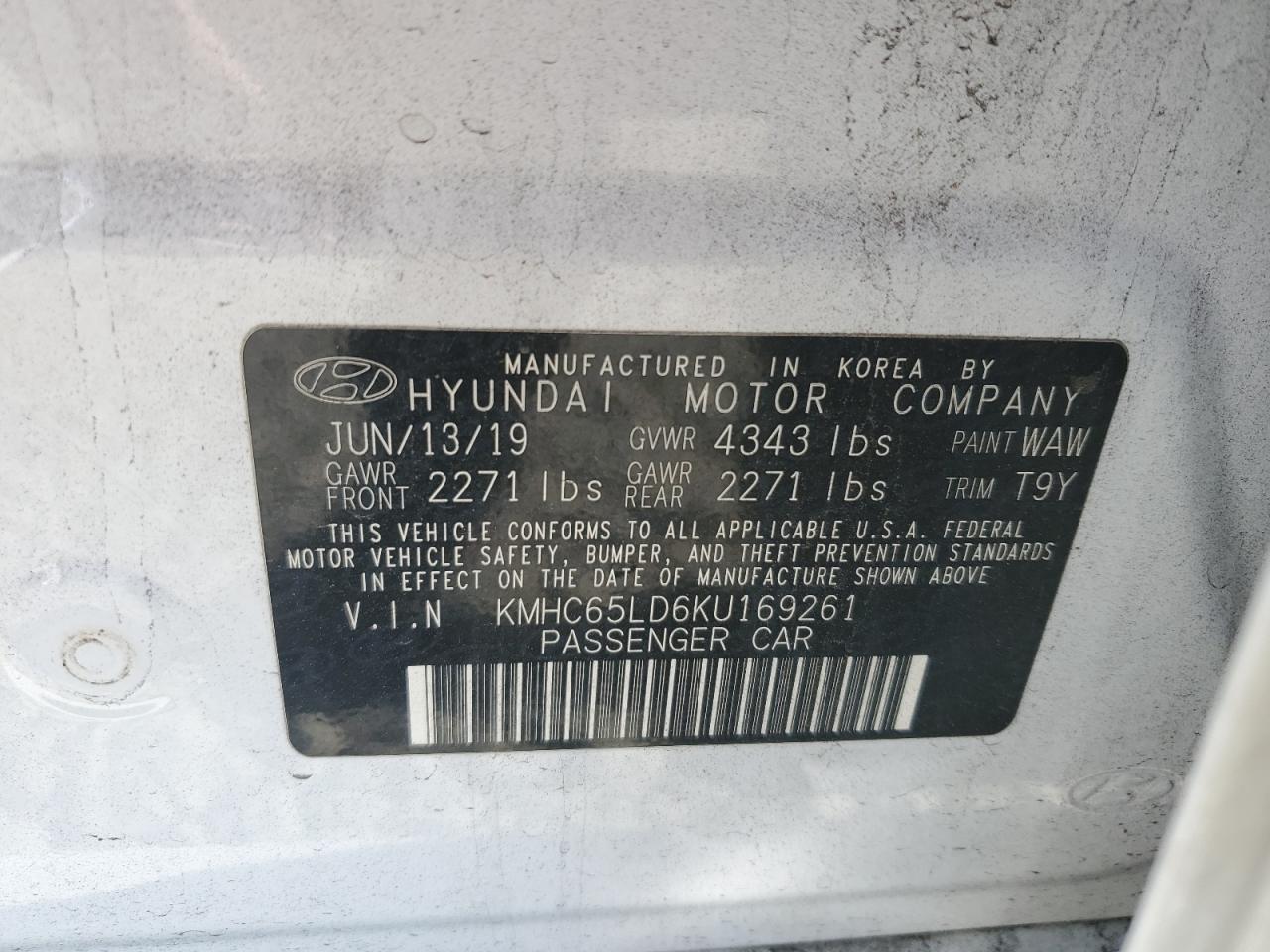 KMHC65LD6KU169261 2019 Hyundai Ioniq