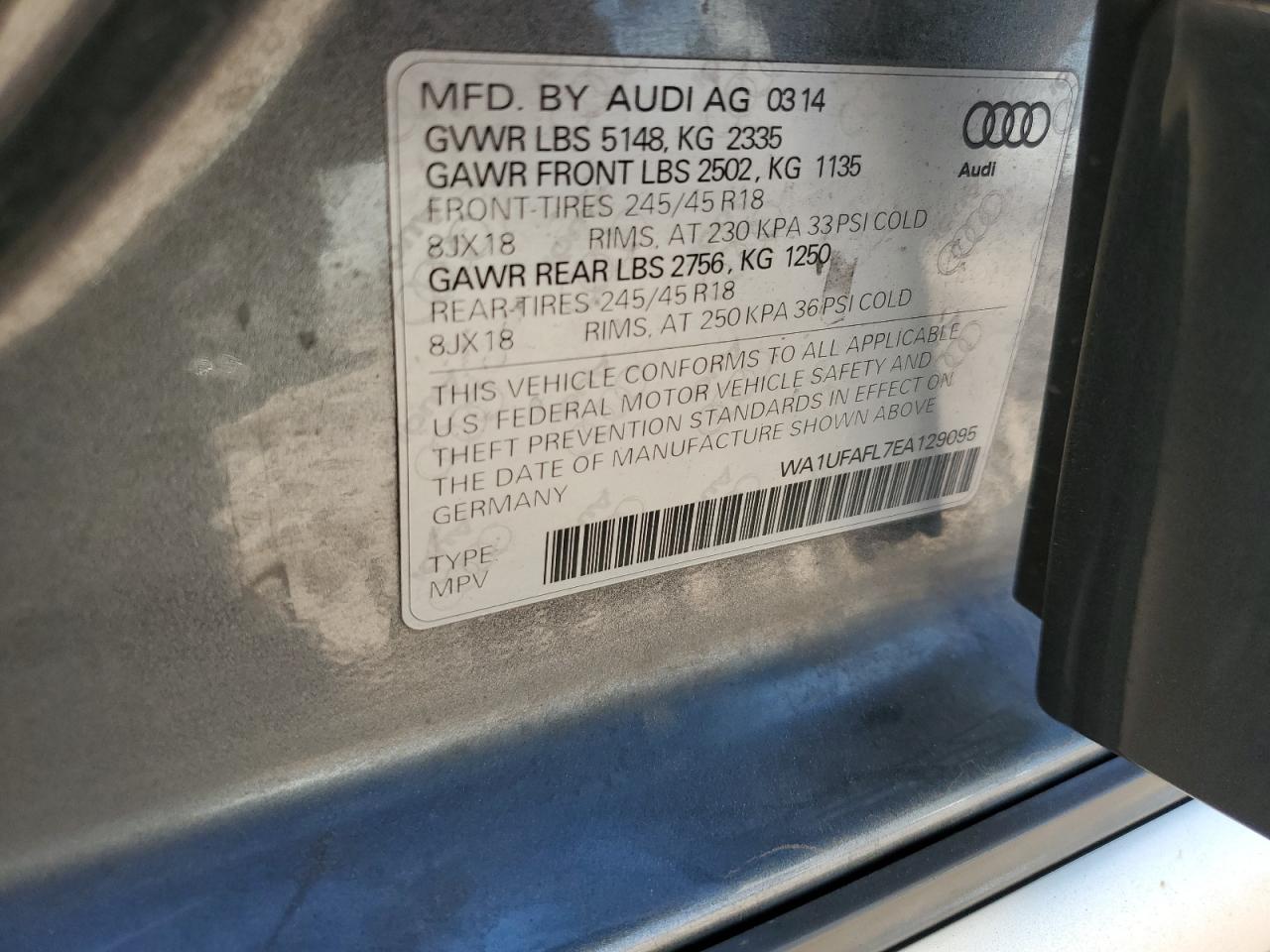 2014 Audi A4 Allroad Premium Plus VIN: WA1UFAFL7EA129095 Lot: 76227584