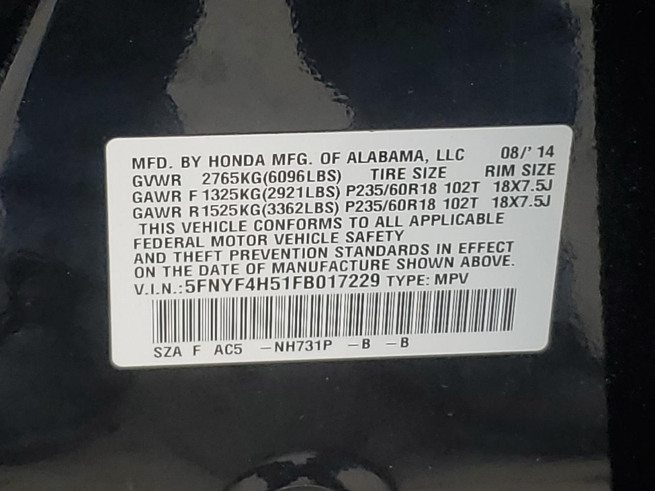 5FNYF4H51FB017229 2015 Honda Pilot Exl