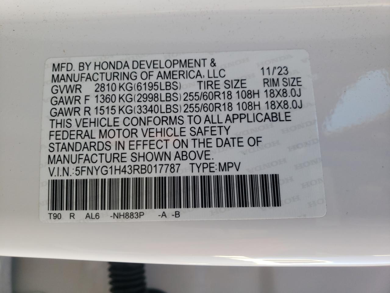 5FNYG1H43RB017787 2024 Honda Pilot Exl