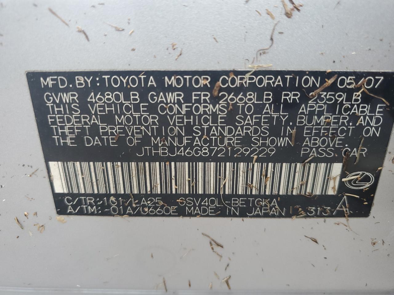 2007 Lexus Es 350 VIN: JTHBJ46G872129229 Lot: 76593984