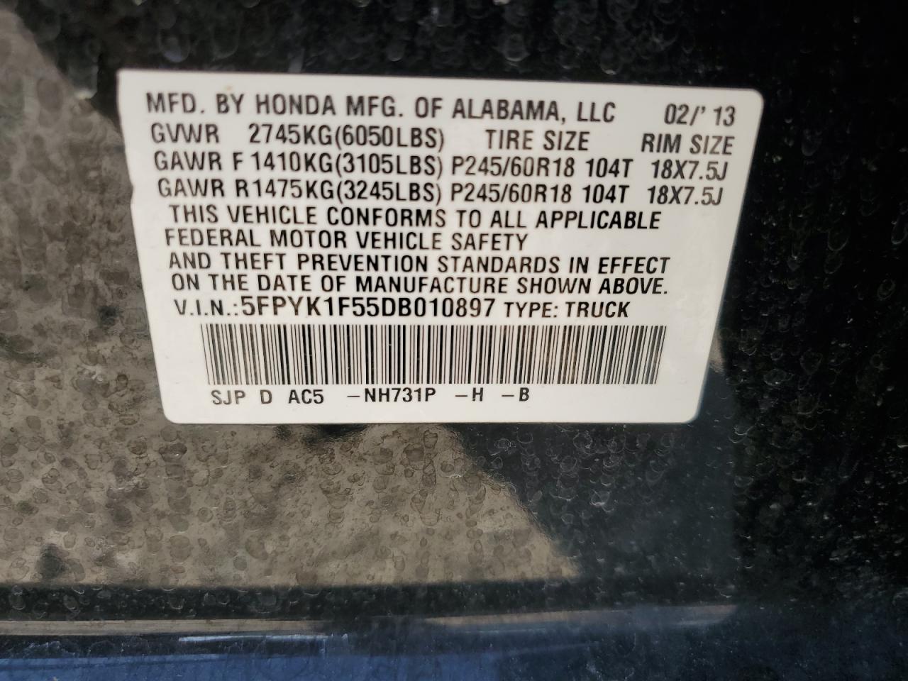 2013 Honda Ridgeline Rtl VIN: 5FPYK1F55DB010897 Lot: 73973784