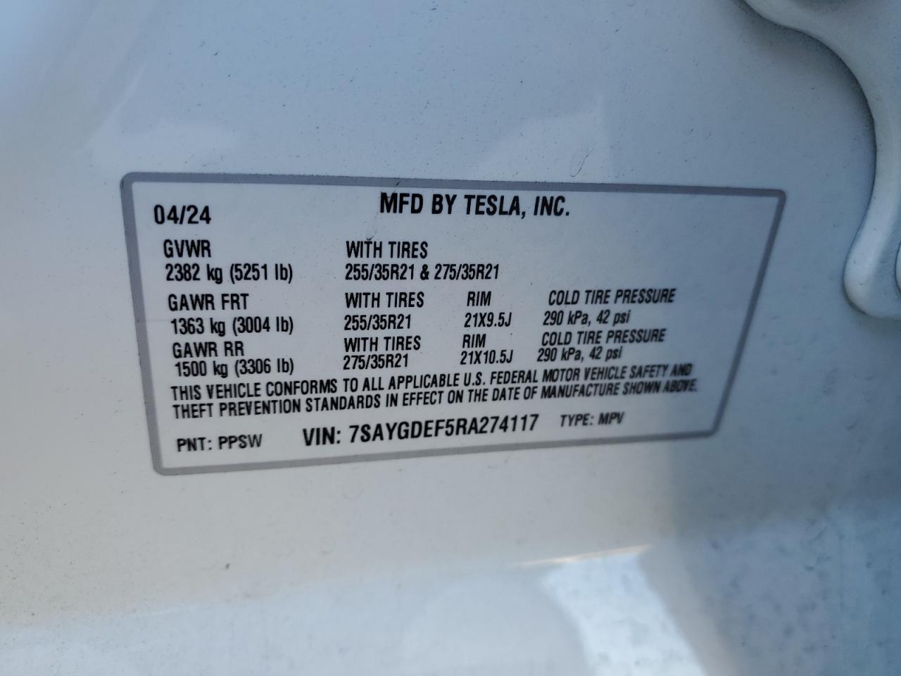 2024 Tesla Model Y VIN: 7SAYGDEF5RA274117 Lot: 77619684