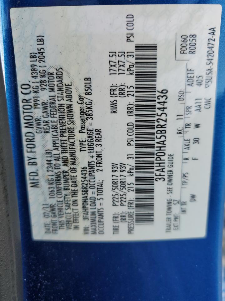 2011 Ford Fusion Se VIN: 3FAHP0HA5BR254436 Lot: 76827134