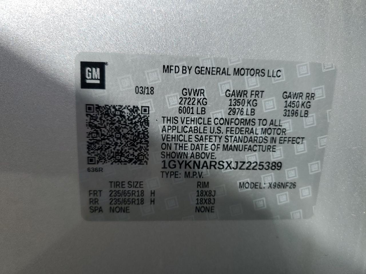 1GYKNARSXJZ225389 2018 Cadillac Xt5