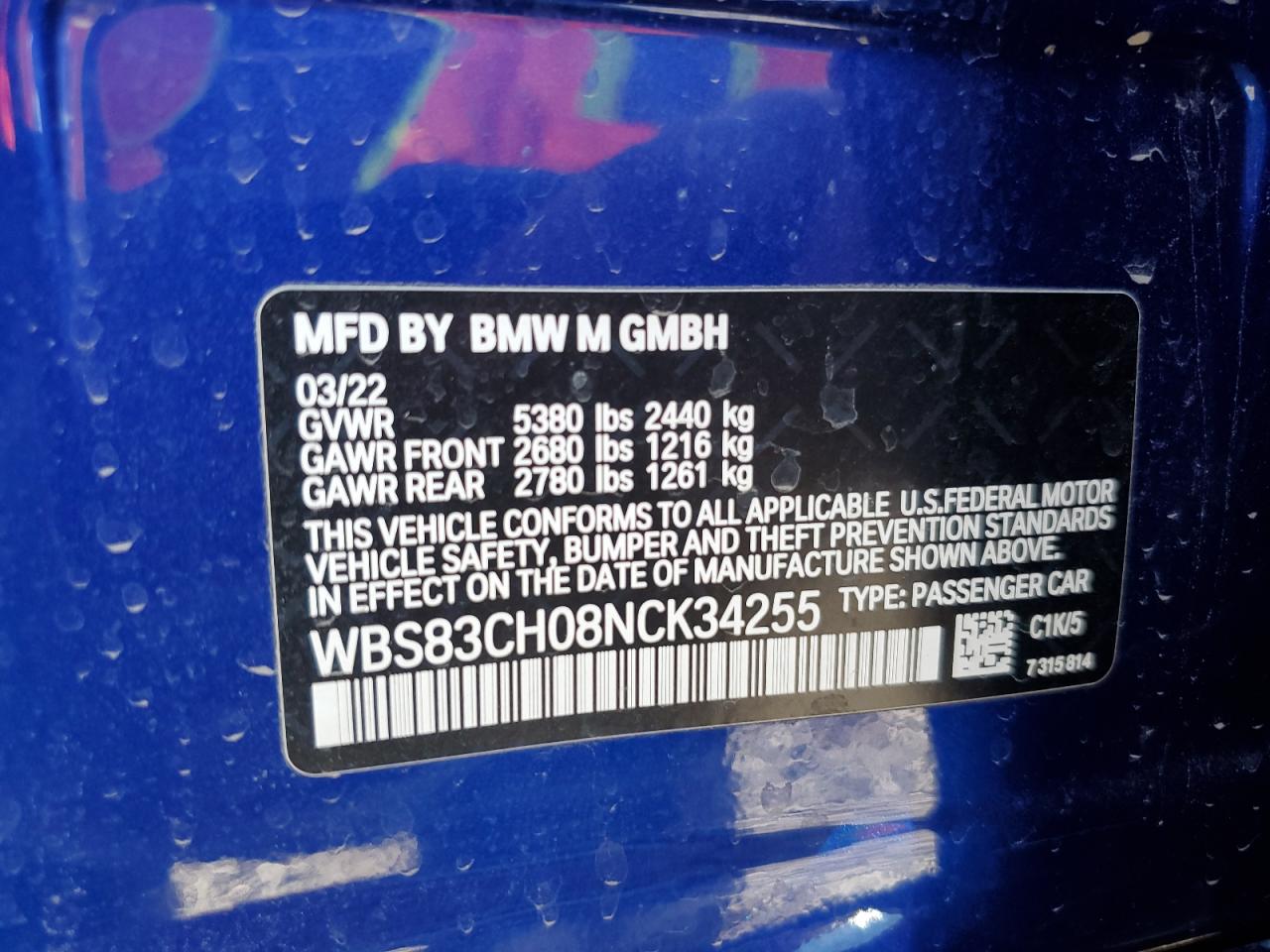 2022 BMW M5 VIN: WBS83CH08NCK34255 Lot: 77148484