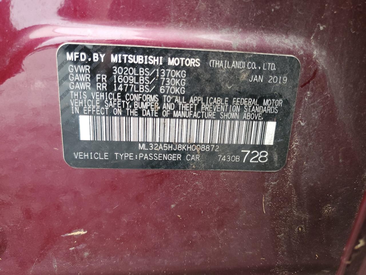 2019 Mitsubishi Mirage Le VIN: ML32A5HJ8KH008872 Lot: 73958154