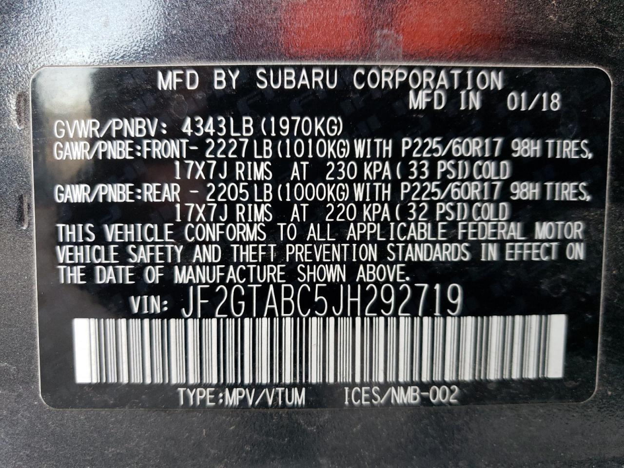 JF2GTABC5JH292719 2018 Subaru Crosstrek Premium