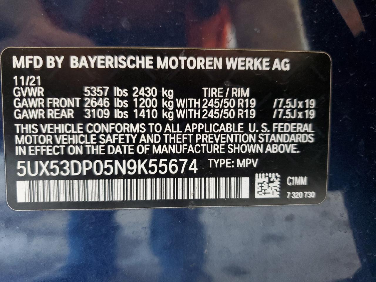 VIN 5UX53DP05N9K55674 2022 BMW X3 no.13