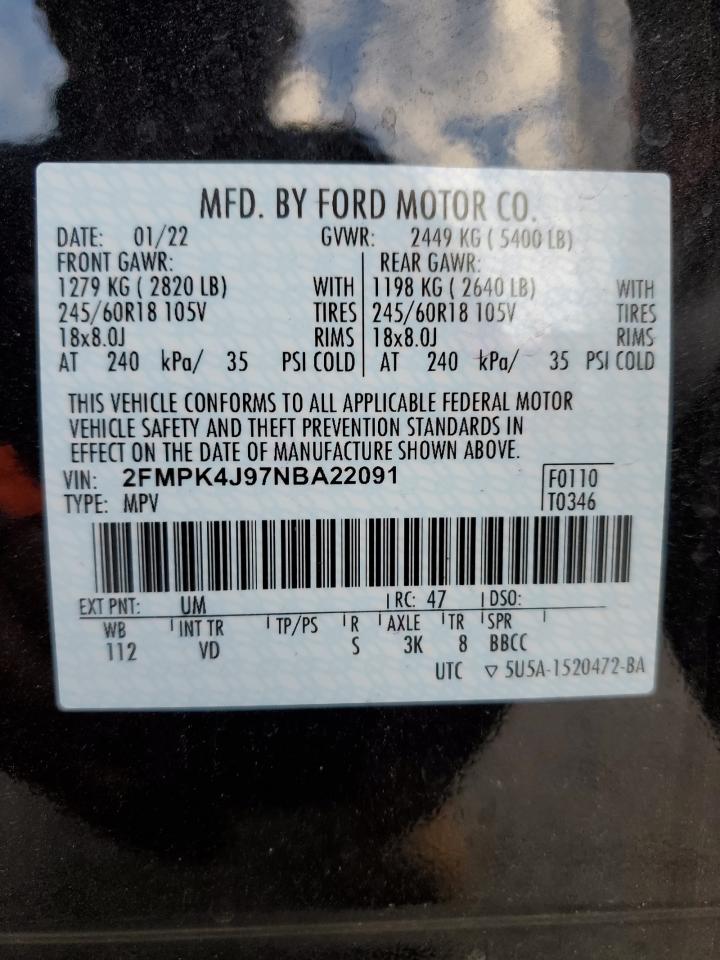 2022 Ford Edge Sel VIN: 2FMPK4J97NBA22091 Lot: 77649554