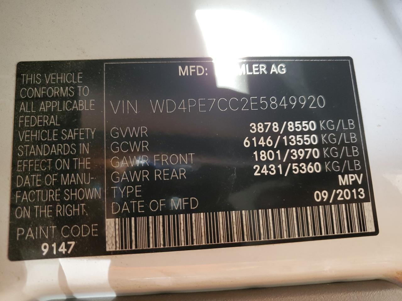 VIN WD4PE7CC2E5849920 2014 MERCEDES-BENZ SPRINTER no.13