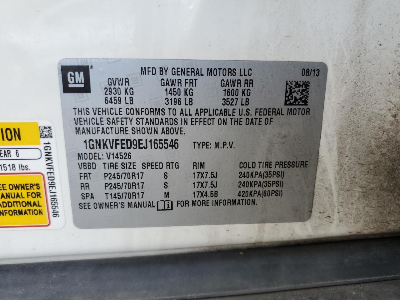 2014 Chevrolet Traverse Ls VIN: 1GNKVFED9EJ165546 Lot: 74195714