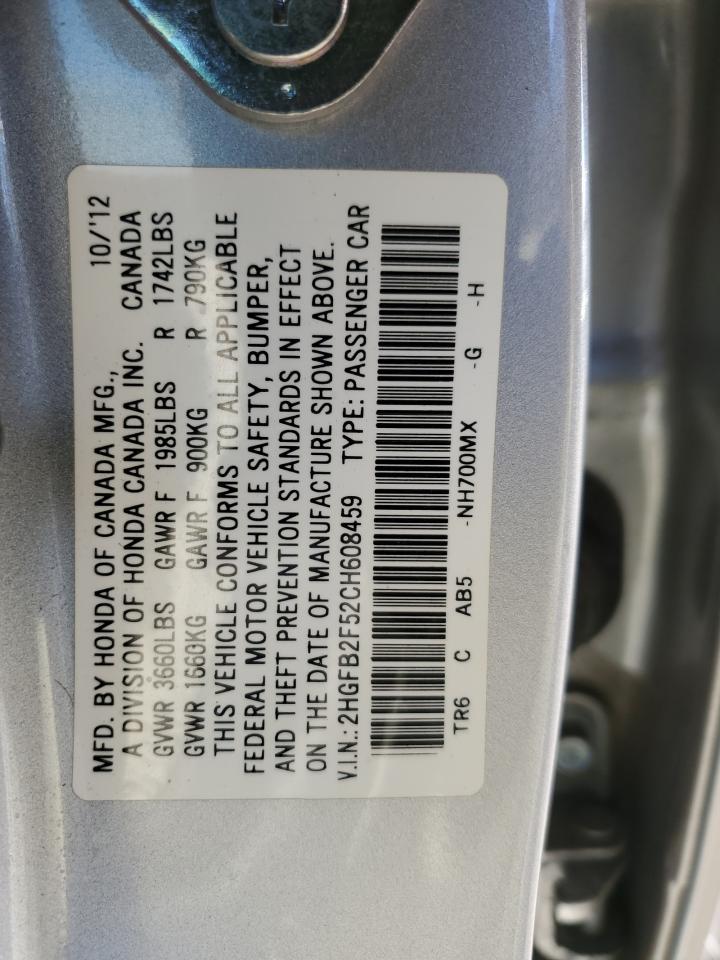 2HGFB2F52CH608459 2012 Honda Civic Lx