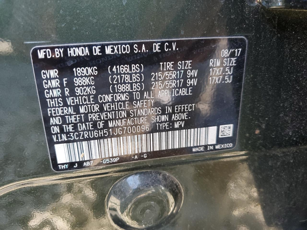 3CZRU6H51JG700096 2018 Honda Hr-V Ex