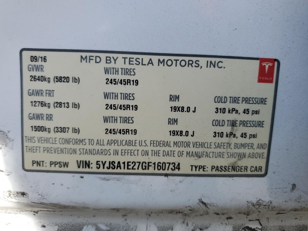 2016 Tesla Model S VIN: 5YJSA1E27GF160734 Lot: 73193794