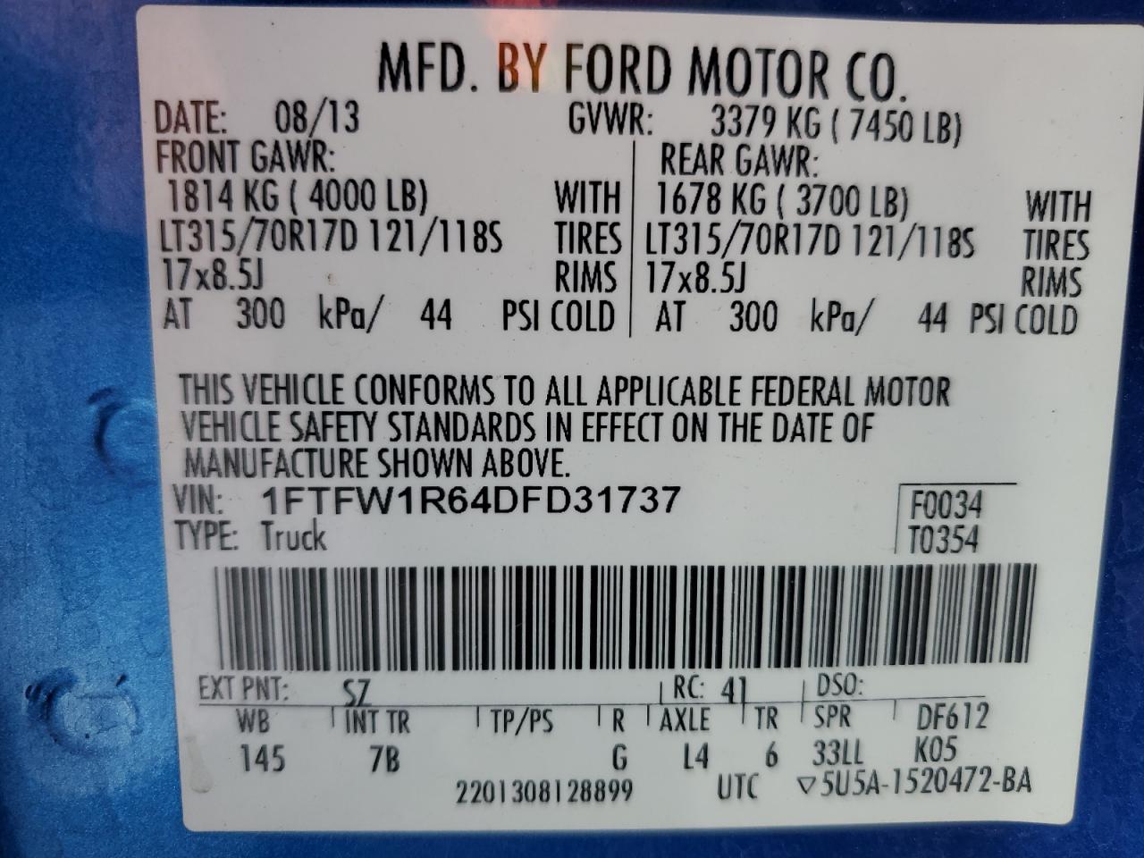 1FTFW1R64DFD31737 2013 Ford F150 Svt Raptor