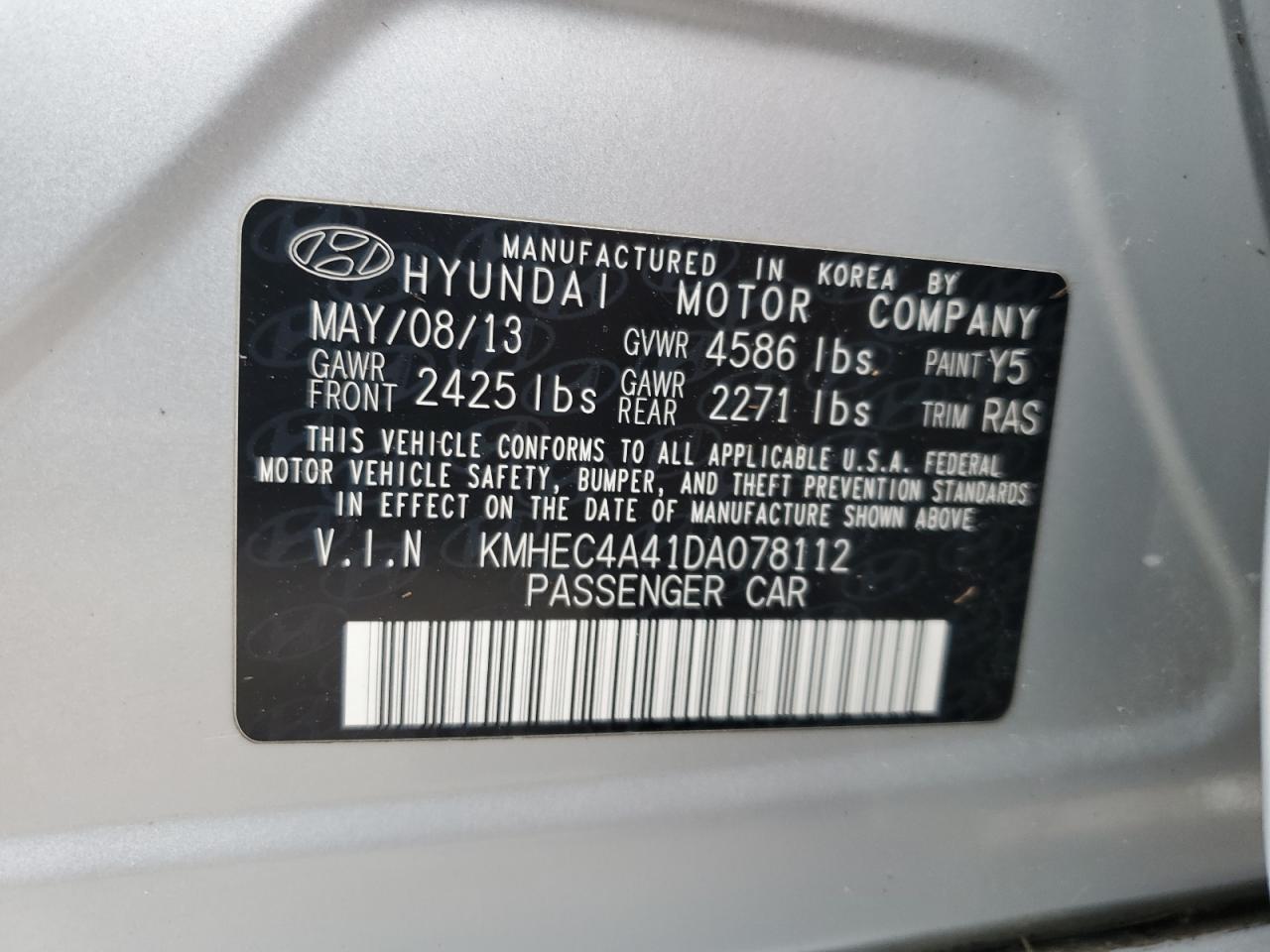 2013 Hyundai Sonata Hybrid VIN: KMHEC4A41DA078112 Lot: 75959684