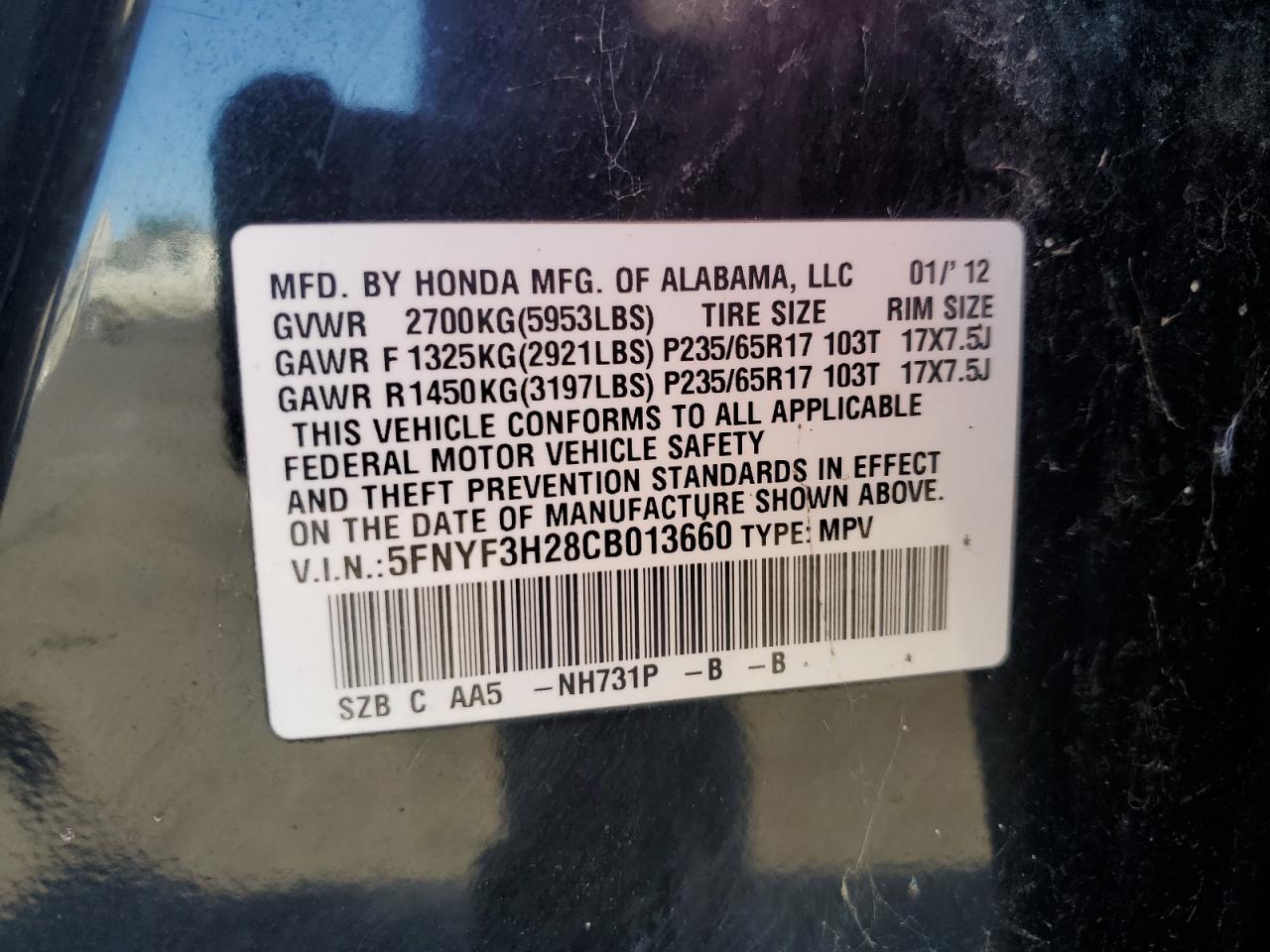 5FNYF3H28CB013660 2012 Honda Pilot Lx