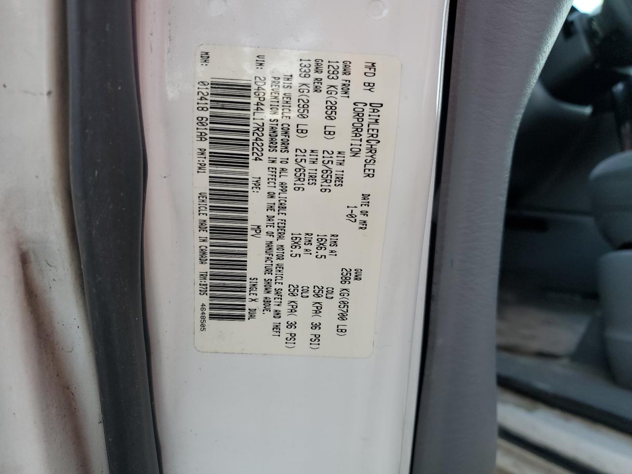 2007 Dodge Grand Caravan Sxt VIN: 2D4GP44L17R242224 Lot: 75396214