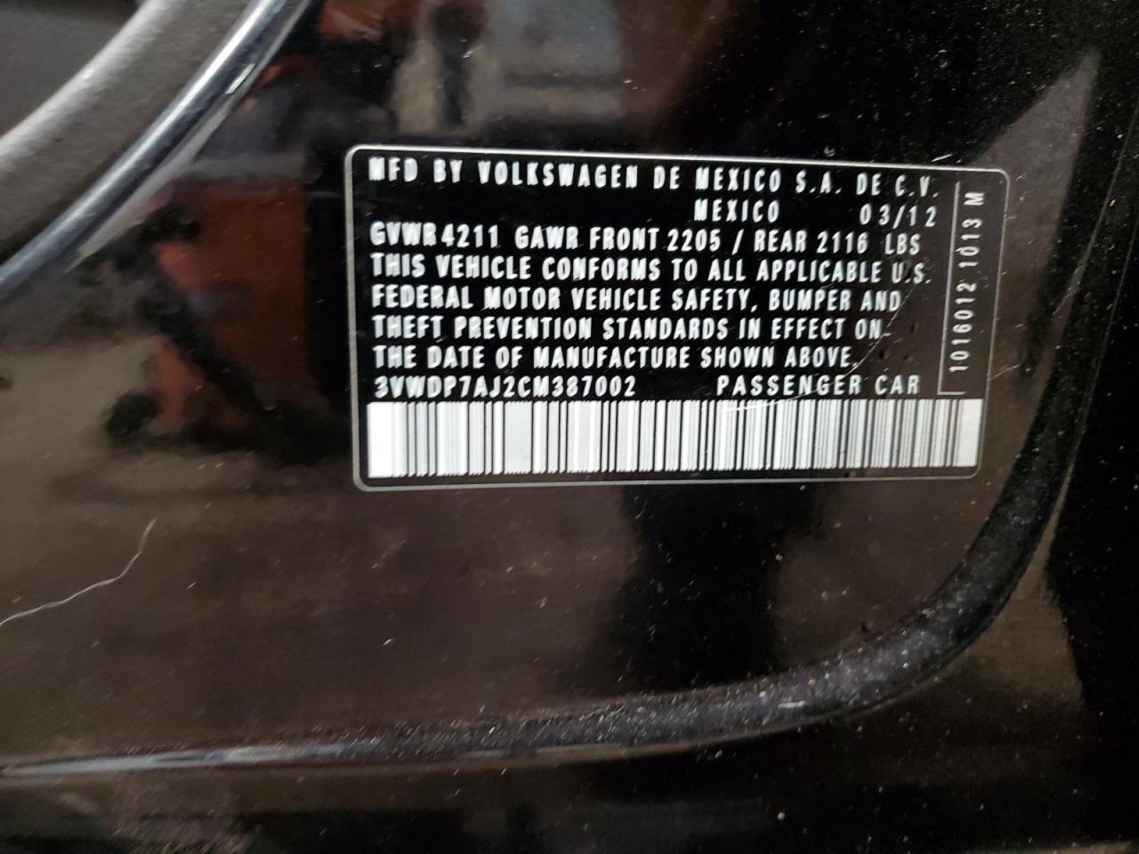 2012 Volkswagen Jetta Se VIN: 3VWDP7AJ2CM387002 Lot: 73881144