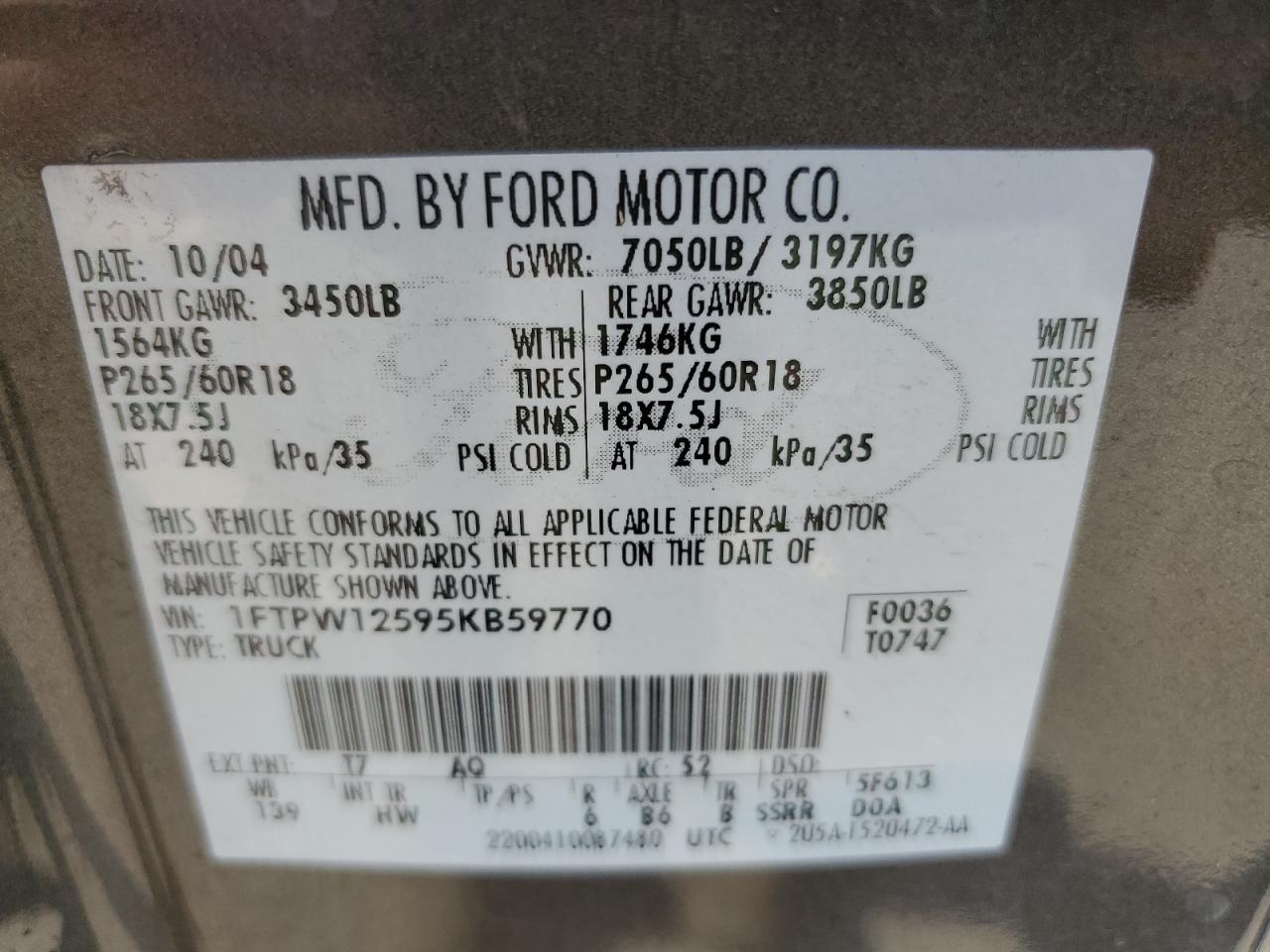 1FTPW12595KB59770 2005 Ford F150 Supercrew