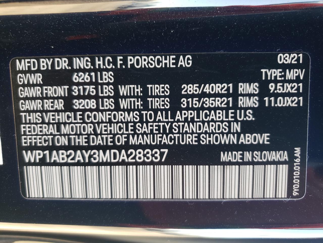 2021 Porsche Cayenne S VIN: WP1AB2AY3MDA28337 Lot: 77915824