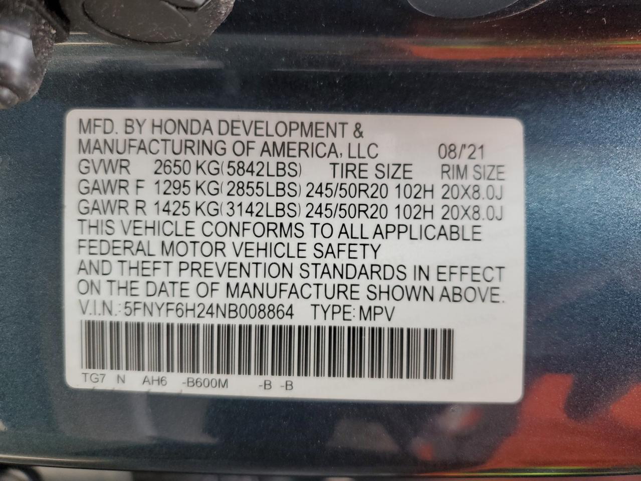 2022 Honda Pilot Se VIN: 5FNYF6H24NB008864 Lot: 72914204