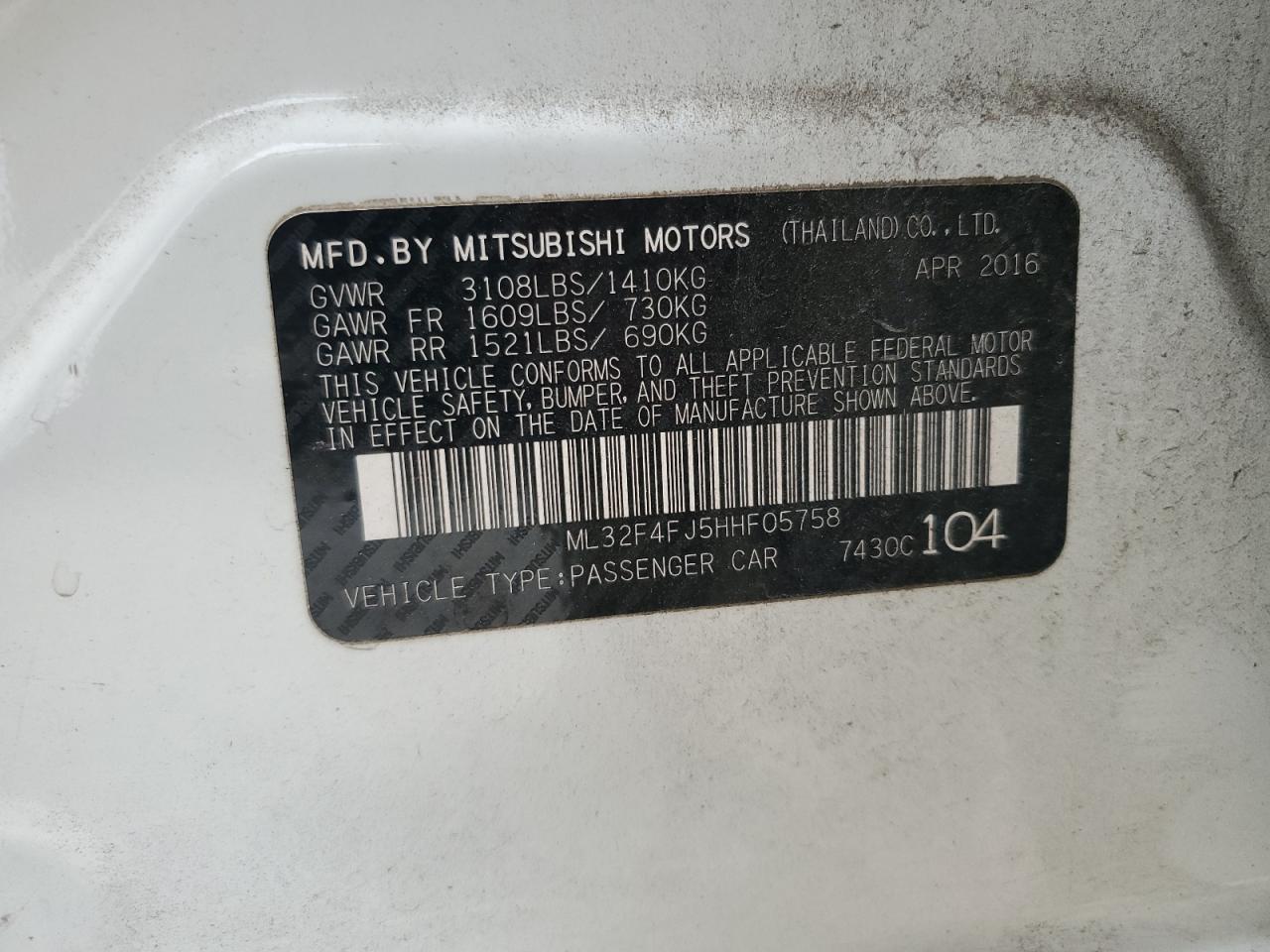 2017 Mitsubishi Mirage G4 Se VIN: ML32F4FJ5HHF05758 Lot: 74636744