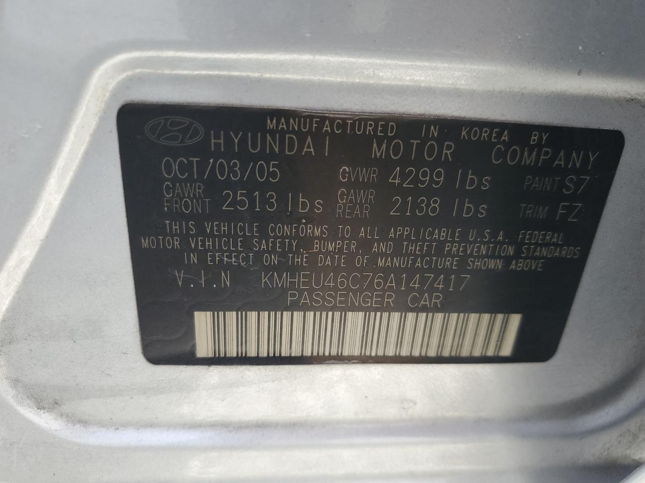 KMHEU46C76A147417 2006 Hyundai Sonata Gls