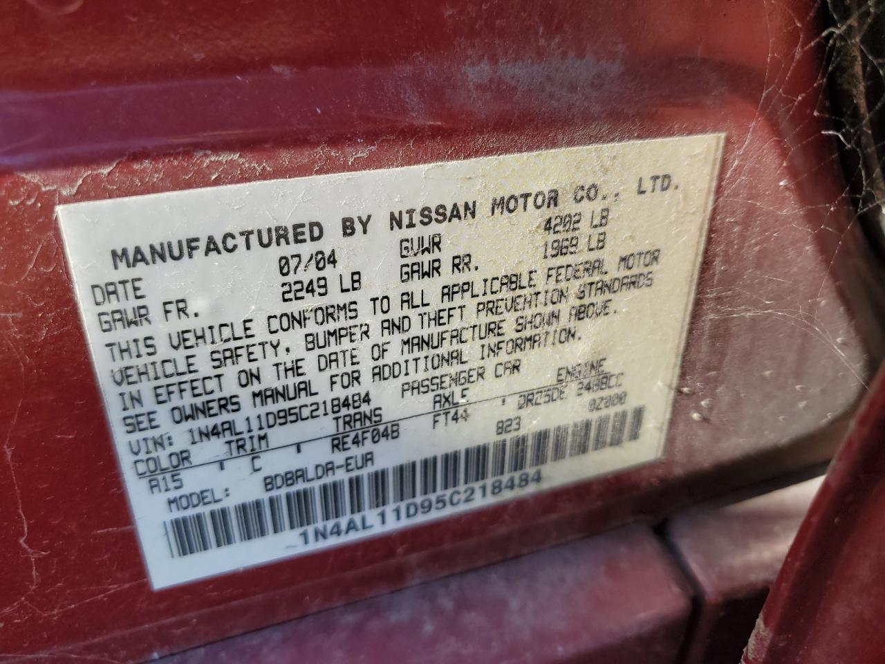 2005 Nissan Altima S VIN: 1N4AL11D95C218484 Lot: 74482204