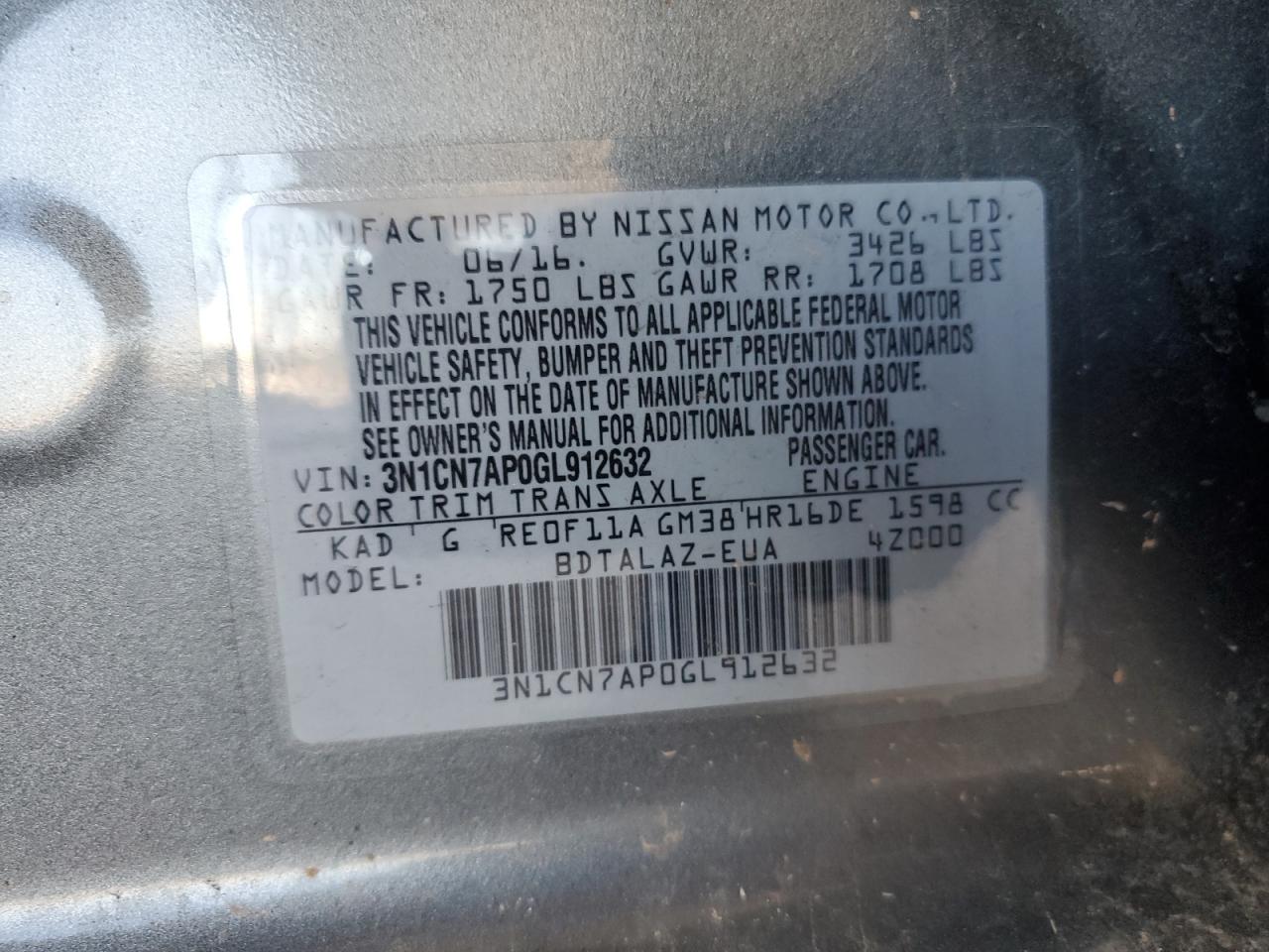 NISSAN VERSA 2016 VIN 3N1CN7AP0GL912632 photo 12