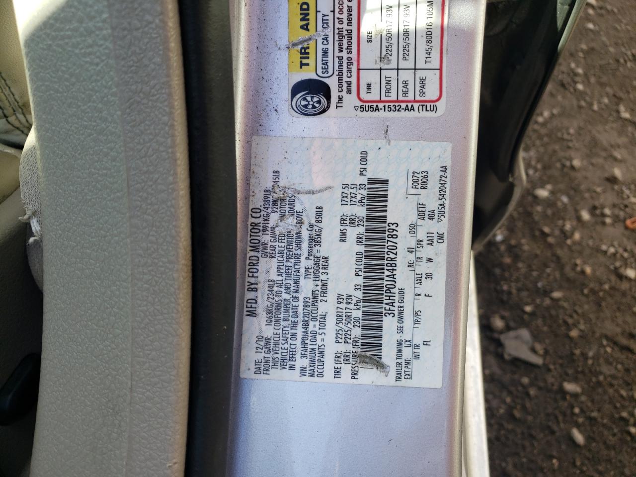 3FAHP0JA4BR207893 2011 Ford Fusion Sel