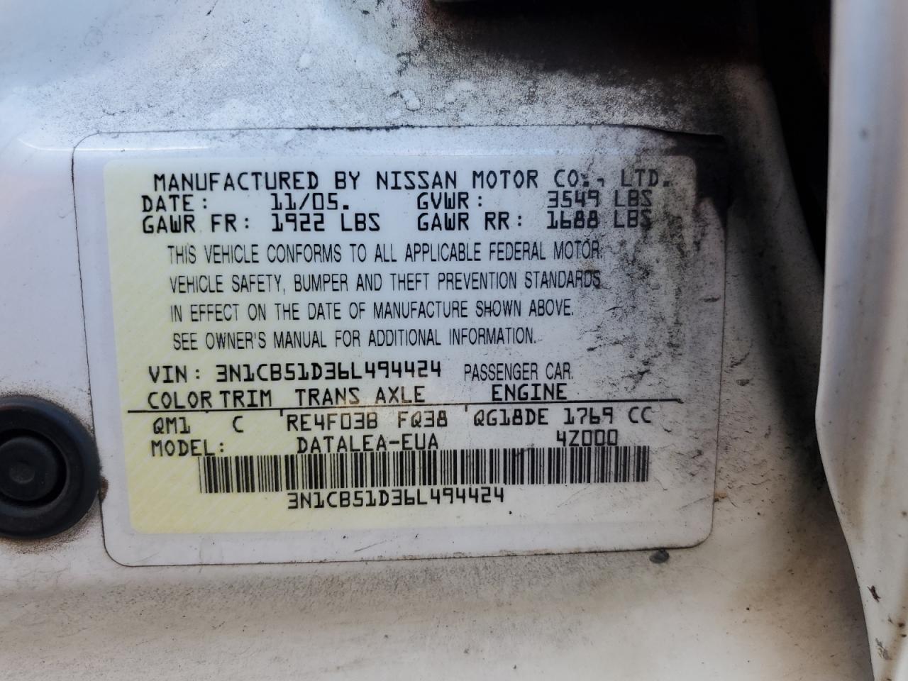 3N1CB51D36L494424 2006 Nissan Sentra 1.8