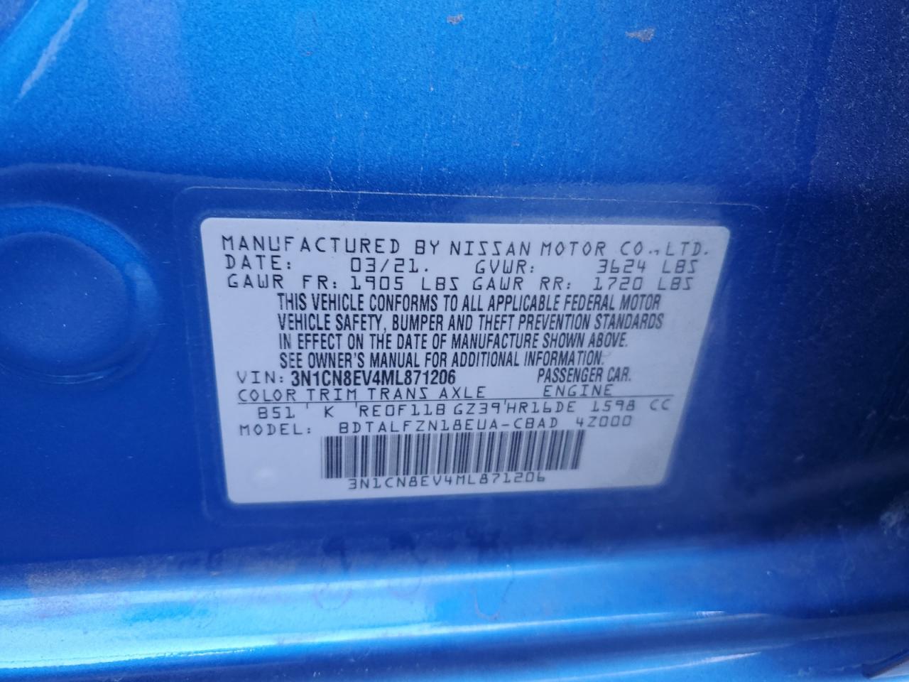 3N1CN8EV4ML871206 2021 Nissan Versa Sv