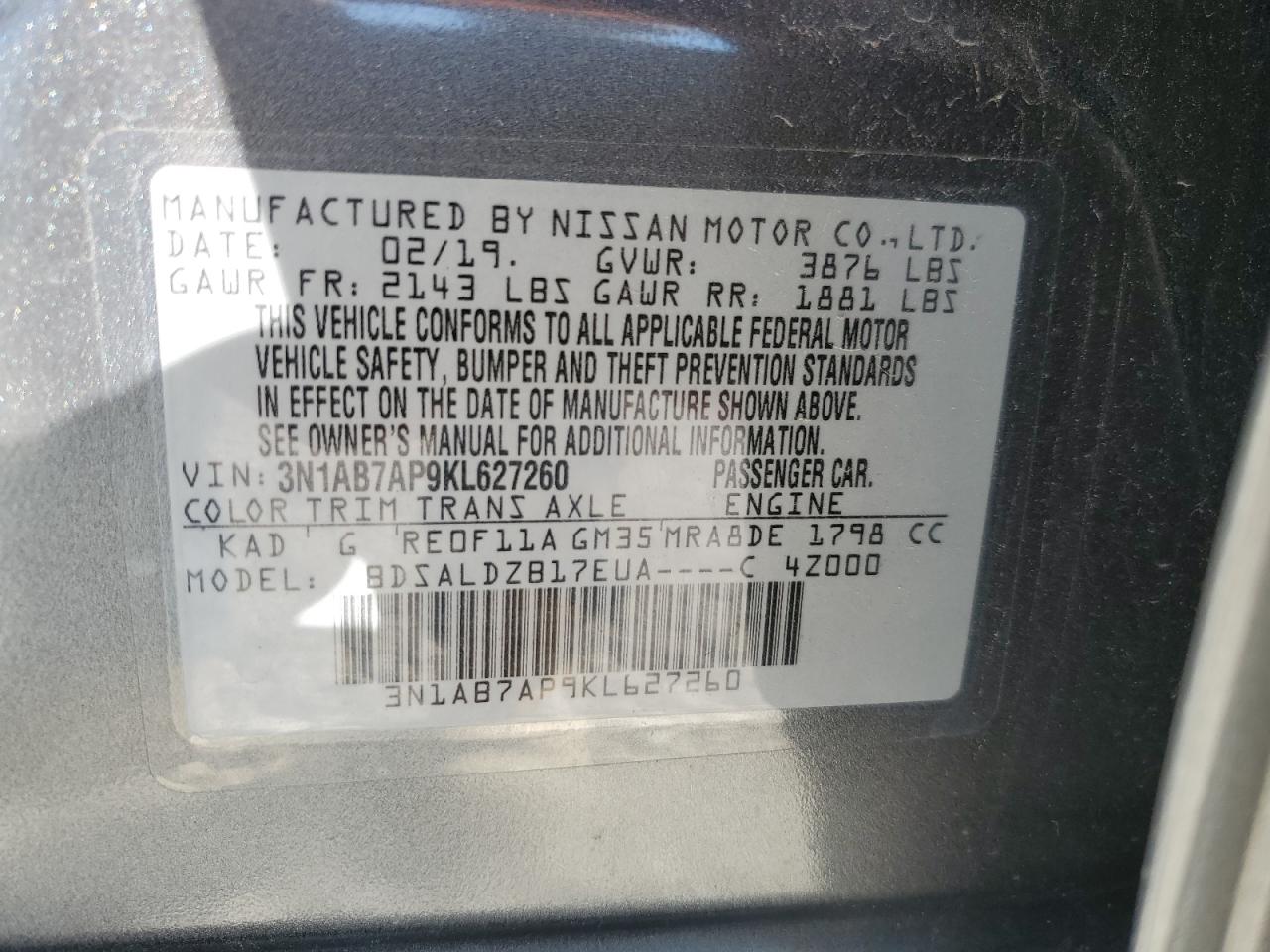 3N1AB7AP9KL627260 2019 Nissan Sentra S